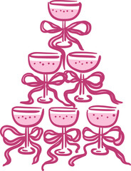 Elegant champagne tower with bows in a whimsical hand-drawn style. Isolated vector illustration. Holiday alcoholic drinks.