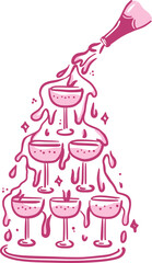 Elegant champagne tower in a whimsical hand-drawn style. Isolated vector illustration. Holiday alcoholic drinks.
