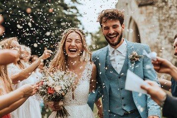 Newlywed couple walking happily while friends and family throwing confetti on couple at the wedding ceremony in front of the church