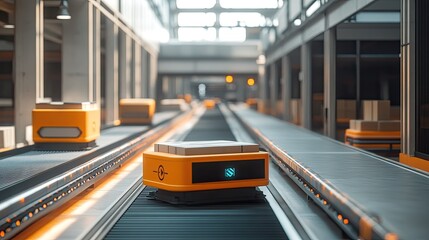 Obraz premium Automated conveyor belts in a high-tech logistics warehouse. Robots transport packages efficiently in a vast, organized space.
