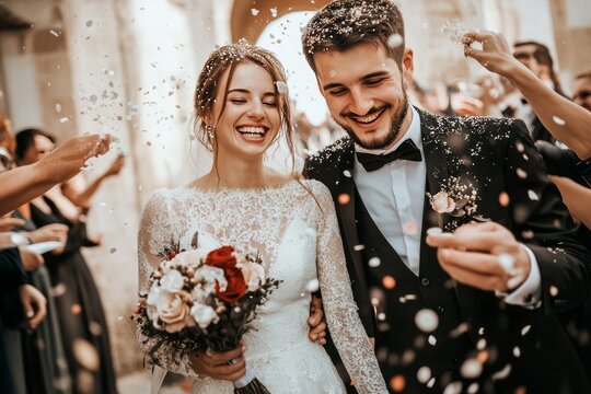 Newlywed couple walking happily while friends and family throwing confetti on couple at the wedding ceremony in front of the church