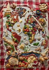 Colorful world map built out of various food and exotic food from all over the world on an red and white checkered tablecloth