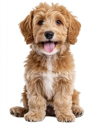 Happy Labradoodle Puppy Sitting and Facing Front on Transparent Background