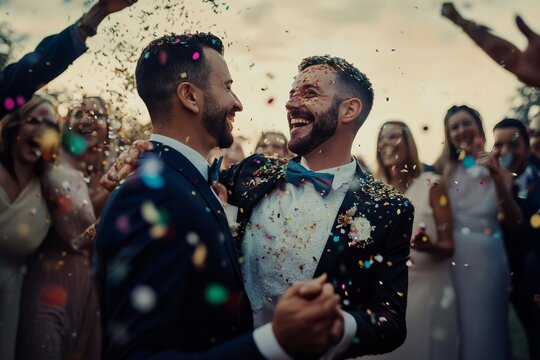 gay Newlywed couple dancing while friends and family throwing confetti on couple at the wedding reception