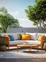 Fototapeta premium Cozy outdoor patio setup with wicker furniture and vibrant cushions