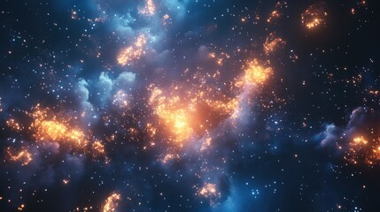 Fireworks explode in the night sky, creating a burst of colors and lights against a backdrop of dark blue.