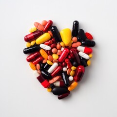 Colorful capsules and pills arranged to form a heart shape, symbolizing healthcare, wellness, and love for medicine.