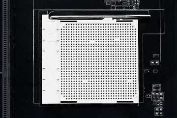 Blank CPU socket on mainboard background.