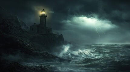 Lighthouse illuminating the dark, stormy sea, guiding vessels to safety. The waves crash against the cliffs below.
