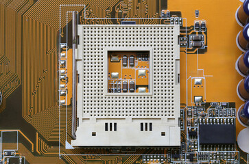 Blank CPU socket on mainboard background.