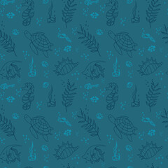 Seamless pattern with fishes. Seamless pattern with cute cartoon seahorses, corals, sea shells, underwater life, hand drawn. Seamless  pattern. Suitable for textiles, covers, wall wallpaper etc.