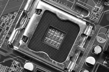 Blank CPU socket on mainboard background.