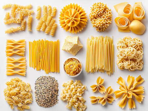 An array of various uncooked pasta types arranged neatly on a white background, showcasing diverse shapes and textures for culinary use.