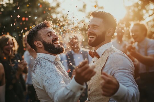 gay Newlywed couple dancing while friends and family throwing confetti on couple at the wedding reception