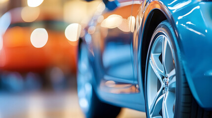 Close up of a car at a bustling car dealership showroom 