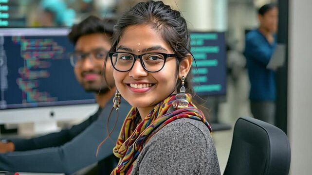 A pair of youthful South Asian coworkers employed in a business software development firm