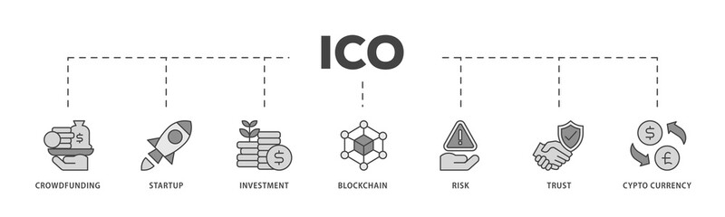 ICO icons process structure web banner illustration of crowdfunding, startup, investment, blockchain, risk, trust and cypto currency icon png transparent background.