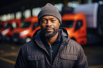 Fototapeta premium Portrait of handsome black afro man truck driver