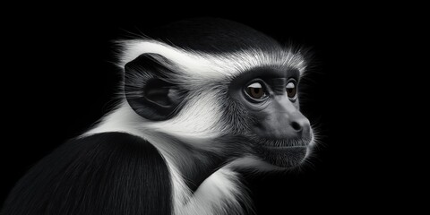 Obraz premium Photo of a Black & White Colobus monkey isolated against a black background, emphasising the Black & White Colobus monkey's majestic features. Wildlife and conservation concept, space for copy.