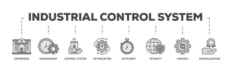 Industrial control system icons process structure web banner illustration of enterprise, management, control system, optimization, efficiency icon png transparent background.