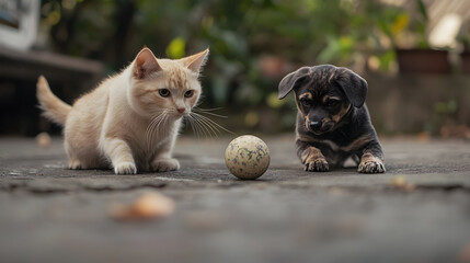 cat and dog playing ball