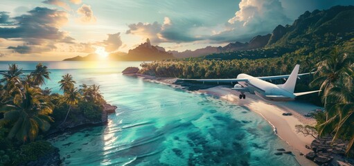 Obraz premium Airplane Landing on Tropical Island Beach at Sunset