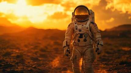 Naklejka premium A lone astronaut in a white and red spacesuit steps off a ladder onto Mars’ red, rocky surface. The sky is a hazy orange, with a setting sun casting dramatic shadows. The barren landscape embodies hum