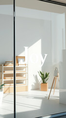 Joyful Minimalist Interior with White Letters and a Plant