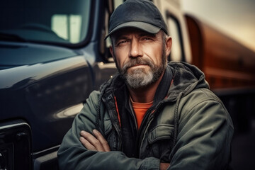 Portrait of adult truck driver man, cargo transportation