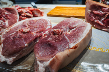 Meat on the counter at the market. Assortment of raw meat, beef