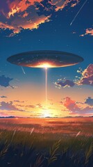 A UFO emits a beam of light as it hovers above a glowing sunset landscape