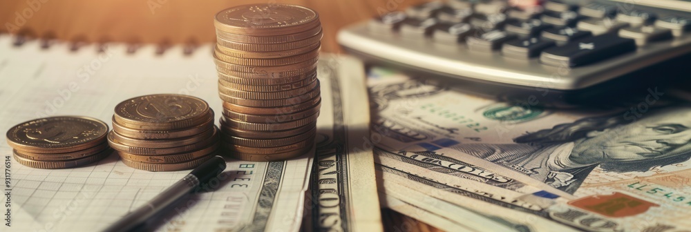 Fototapete a stack of cash and coins sits beside an open notebook filled with calculations and a calculator on 
