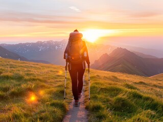 Hiking at dawn, showcasing the beauty of nature and early starts focus on dawn adventure whimsical Fusion sunrise backdrop