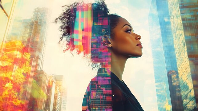 Businesswoman in double exposure with vibrant skyscrapers and graphic elements collage