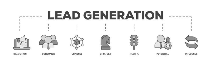 Lead generation icons process structure web banner illustration of promotion, consumer, channel, strategy, traffic, potential and influence icon png transparent background.