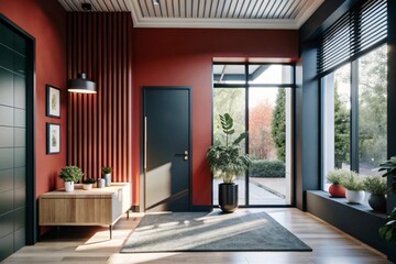 A modern living room with a table and plants on the table