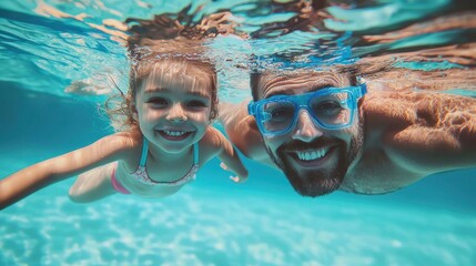 Naklejka premium Father & daughter swimming underwater in a pool on summer vacation. Googles water action shot. Happy family on holiday. Learning to swim. Blue Father's day banner concept 