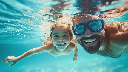Fototapeta premium Father & daughter swimming underwater in a pool on summer vacation. Googles water action shot. Happy family on holiday. Learning to swim. Blue Father's day banner concept 