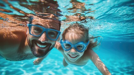 Naklejka premium Father & daughter swimming underwater in a pool on summer vacation. Googles water action shot. Happy family on holiday. Learning to swim. Blue Father's day banner concept 