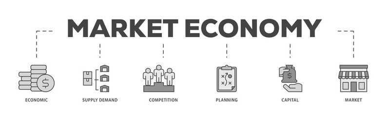 Market economy icons process structure web banner illustration of economic, supply demand, competition, planning, capital, market icon png transparent background.