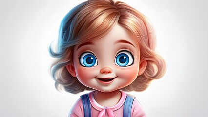 Fairytale child, close-up on white background. Cartoon girl with big blue glasses.