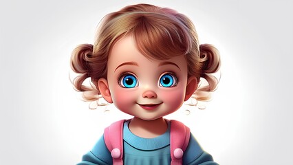 Fairytale child, close-up on white background. Cartoon girl with big blue glasses.