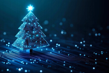Digital Christmas tree illuminated with blue lights on a dark background during the holiday season