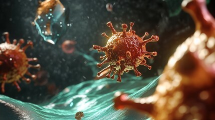 Fototapeta premium Immune cells engage in a vigorous battle against a virus within a vibrant and detailed microscopic environment