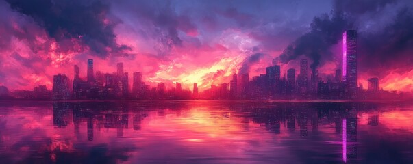Stunning sunset over a futuristic city skyline, vibrant colors reflect on water creating a mesmerizing atmosphere.