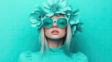 Fashionable woman with blue eyes and blonde hair wearing turquoise sunglasses and a flower crown against a bright teal background.