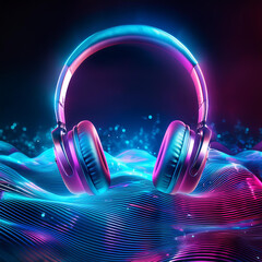 Floating Headphones Immersed in Neon Waves Captivating Magical Music Experience