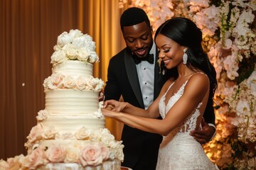 Black Newlyweds cutting wedding cake on their wedding day, wedding cake 