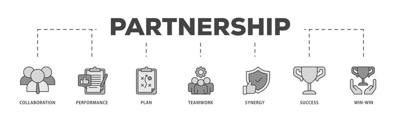 Partnership icons process structure web banner illustration of collaboration, performance, plan, teamwork, synergy, success and win win solution icon png transparent background.
