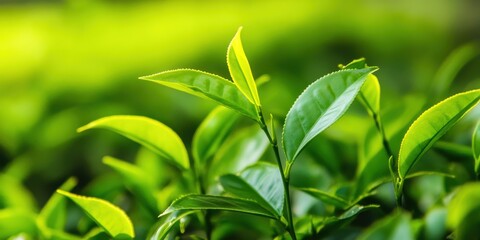 Obraz premium Fresh green tea leaves glistening in sunlight, showcasing their vibrant color and healthy appearance, perfect for nature lovers.